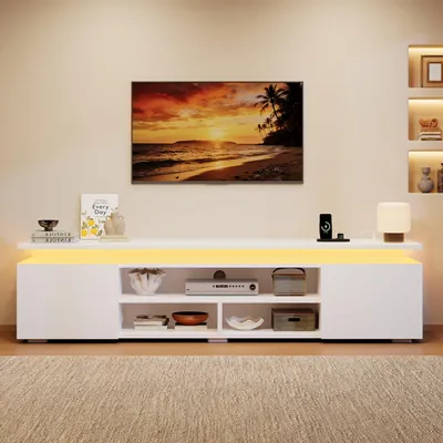 Produktbild von TV-Lowboard 180x35x42, MDF, RGB-LED, App-/Sprachsteuerung, Timer, Schränke, offene Fächer