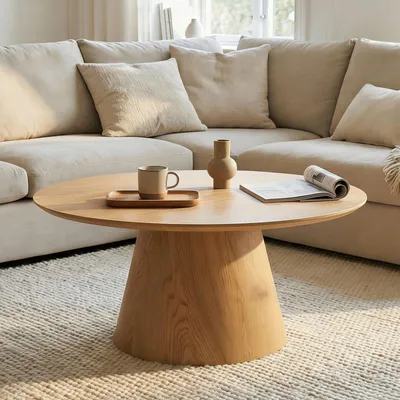 Produktbild von RUDA Couchtisch rund 85 cm, Eiche Finish- Moderner Wohnzimmertisch in Holzoptik, runder Sofatisch MDF, Design Loungetisch, Ablagetisch für Wohnzimmer
