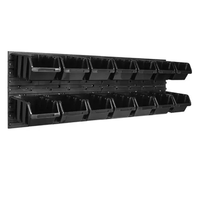Obrázok produktu pre Nástenný panel na náradie 115,2 x 39 cm s 14  ks. Krabice závesný Čierne Boxy Skladovací systém