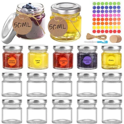 Image de Pot à confiture avec couvercle - Petits pots en verre - 50 ml - Lot de 15 - Verre transparent avec étiquettes