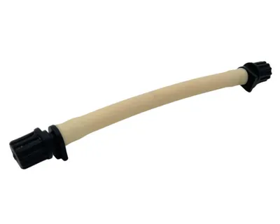 A product shot of a flexible tube with connectors on a white background.