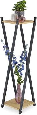 Productafbeelding van Plantentafel binnen, 2 etages met houtlook, hoog, HBD 99 x 29 x 29 cm, plantenstandaard, zwart/lichtbruin