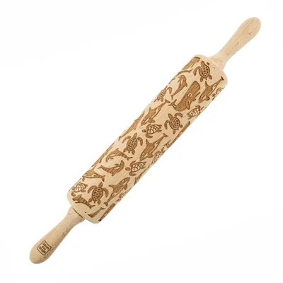 Produktbild von MoodForWood Nudelholz aus Holz, graviert, 43 cm mit Griffen, perfekt zum Backen - Ozeanmuster
