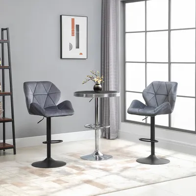 Produktbild von Barhocker 2er Set, Gepolstert mit Samtoptik, Küchenhocker Tresenhocker mit Rückenlehne, Höhenverstellbar, Grau | 97–117 cm | bis 120 kg | Metall