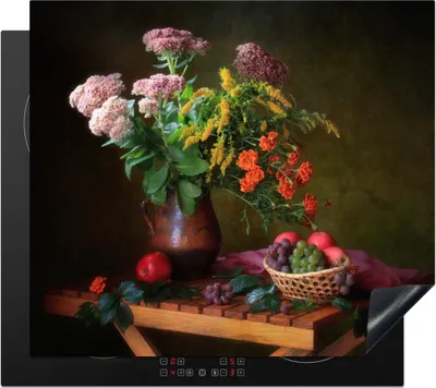 Produktbild von KitchenYeah© Herdabdeckplatte Malerei - Stillleben - Obst - Blumen - Tisch - Kunst , 57x51cm, Küche Deko, Glaskeramikkochfeld Herdabdeckung, Abdeckplatte fùr Kochfeld