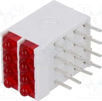 Image de 1 LED rouge, diamètre 1,8 mm, encapsulée, consommation de 10 mA. Nombre de diodes : 8. Lentille : diffuse, rouge. Référence : DBI04300. Type : LED