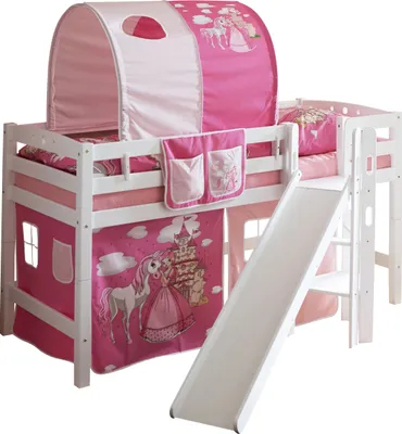 Produktbild von Podestbett mit Rutsche "Tino" Buche Weiß Motiv (Horse (Pink))