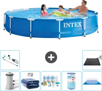 Obrázek produktu pro Kulatý rámový bazén Intex - 366 x 76 cm - modrý - včetně čerpadla - markýzy - balíčku pro údržbu - filtru - ochranné plachty - vysavače - solární podložky