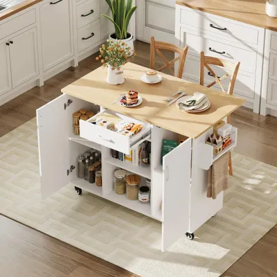 Obrázek produktu pro Mobilní kuchyňský ostrov - vozík do kuchyně - 120 cm - sklopná pracovní deska - zásuvka - skříňka - MDF - bílá/přírodní