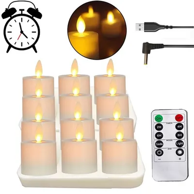 A collage of LED tea lights, a remote control, charging cables, an alarm clock illustration, and a circular inset showing lit tea lights.
