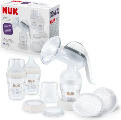 Produktbild von NUK Handmilchpumpen-Set | Weiches Silikonkissen | Ergonomischer Pumphebel | 2 Perfect Match Babyflaschen | 150 ml | 2 NUK High-Performance Einwegstilleinlagen