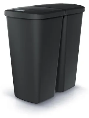 Produktbild von BirnePower Mülleimer Duo 50L, Schwarz, 2x 25L Doppelmülleimer, 2 Kammern, Mülltrenner, Druckknopf Deckel, Abfalleimer aus Kunststoff für Küche, Büro