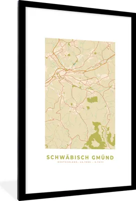 Produktbild von MuchoWow® Gerahmtes Poster Stadtplan - Schwäb Gmünd - Vintage - Stadtplan 60x90 cm - Poster mit Schwarzem Bilderrahmen Wandposter Rahmen Foto Bilder - Dekoration - Wandposter Wohnzimmer - Hochwertig