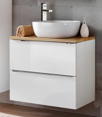 Produktbild von Waschtisch-Unterschrank 60cm mit Keramikbecken TOSKANA-56 in Wotaneiche mit Weiß Hochglanz, B/H/T ca. 61/74,5/46 cm