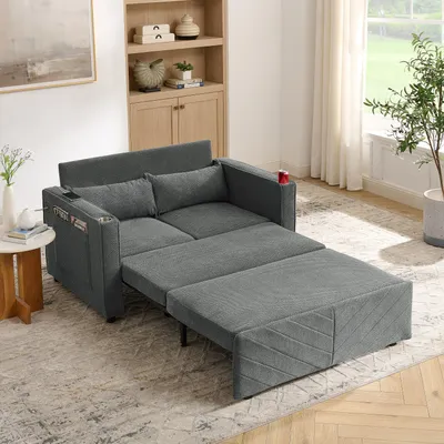 Productafbeelding van MODFU Uittrekbare slaapbank met 2 zitplaatsen, verschuifbaar, USB-oplaadpoort, beklede bank, relaxatiefunctie, geschikt voor kleine appartementen, donkergrijs