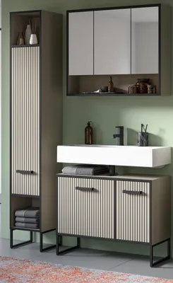 Produktbild von Badmöbel Set "Scana" Sand und schwarz, Badezimmer 3-teilig 125 cm, Soft-Close