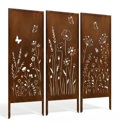 Obrázok produktu pre Rustikálna záhradná ohrádka z kovu, vzhľad Corten, BUTTERFLY MEADOW (3 kusy), panel 120x50 cm, laserom vyrezaný, ochranná sieťka do exteriéru