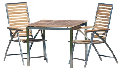 Produktbild von ALEOS. Gartengarnitur Edelstahl Teak Set: Tisch 90x90 cm + 2 Teak-Edelstahl Hochlehner, Sitzgruppe A-Grade Teak Holz - Gartenmöbel Set 2 Personen Gastronomie Qualität