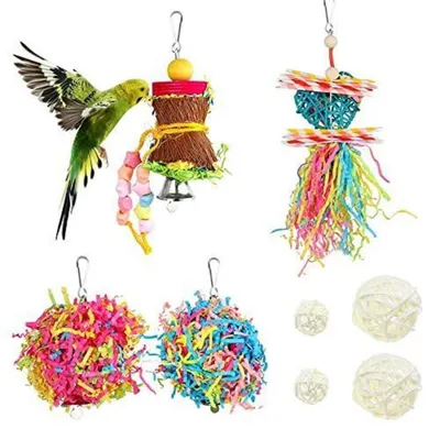Produktbild von 8 Stück Vogel Kauspielzeug Set für Papageien Vogelschaukel Hängespielzeug Naturmaterialien