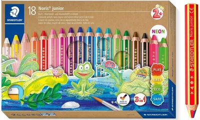 Produktbild von STAEDTLER Noris junior Set 3in1 Bunt-, Wachsmal- und Aquarellstift, ideal für Kleinkinder, 18 Farben, Spitzer und Regenbogenstift