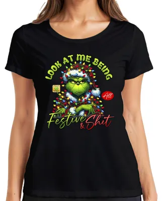 Obrázok produktu pre Grinch Look At Me Being Festive Christmas Vtipné dámske tričko, čierna farba, XL