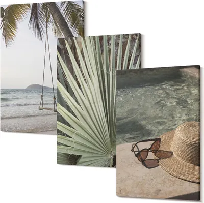 Produktbild von Wandbild – Leinwandbild – Leinwandbilder – Polycanvas – Kunstdruck – Modern – Panorama – Mehrteilig – 3-Teilig Set – Hochwertig – Lichtecht – Geruchslos – 20x30 Cm Je Element - Strand mit Schaukel Palmblatt Urlaub