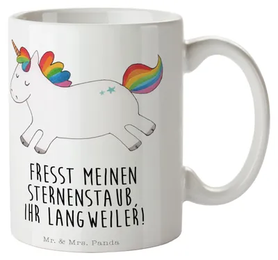 Produktbild von Mr. & Mrs. Panda Teetasse Einhorn Happy - Weiß - Geschenk, cappuccinotasse, Einhörner, Tasse mit Spruch, Unicorn, Freude, Spaß, Lebensfreude, Becher, Henkelpott