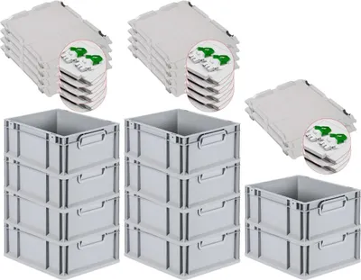 Produktbild von SuperSparSet 10x Eurobox NextGen Grip mit Scharnierdeckel und grünen Schiebeschnappverschlüssen | HxBxT 17x30x40cm | 16 Liter | Grau | Griffe geschlossen | Glatter Boden | Eurobehälter, Transportbox, Transportbehälter, Stapelbehälter