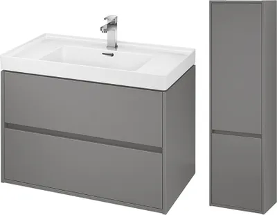 Produktbild von BADLAND Badmöbel Set CREA 80 Waschbecken-Unterschrank mit Hochschrank 140x40x25, 2-Türen, Grau Matt