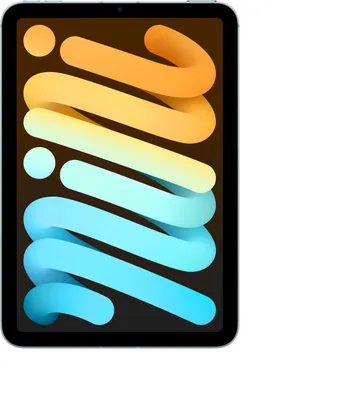 A digital rendering of an Apple iPad mini with a colorful abstract wallpaper displayed on its screen.