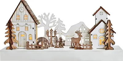 Zdjęcie produktu dla Solight LED Christmas village 34x17cm drewno 4 LED timer biały/brązowy
