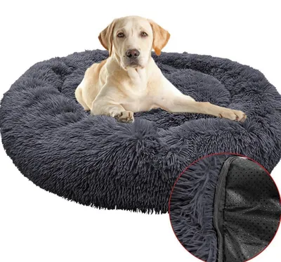 Image de Lit pour chien, forme ronde en forme de donut, en peluche, lavable, orthopédique, couleur gris foncé, diamètre 100 cm
