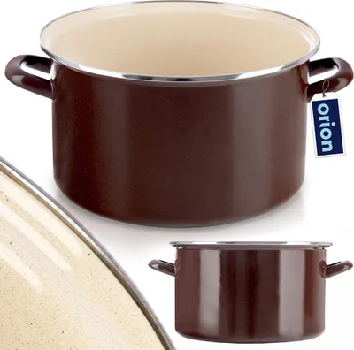 A brown enamel pot with a cream interior, shown from a slightly elevated angle. A smaller version of the pot is visible in the bottom right corner, and a close-up of the pot's rim is in the bottom left.