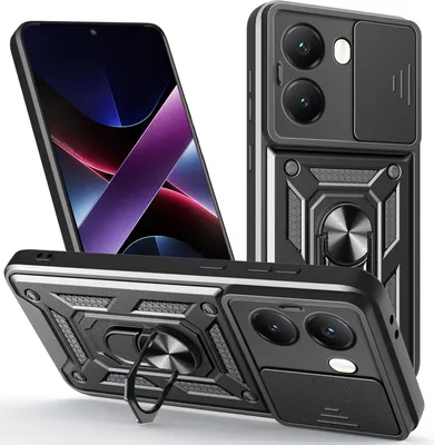 A black protective phone case with a camera cover and a ring holder, shown from multiple angles with a phone partially visible.