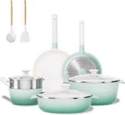 Produktbild von Keramik-Kochwerkzeug-Kit, 16-teilig, Antihaftbeschichtung, Gesundheitskochkunst, mit Pfannen und Edelstahl-Pfanne