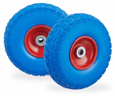 Image de 4 roues de diable, pneus en caoutchouc plein anti-crevaison, 4.1/3.5-4, axe de 16 mm, charge maximale de 150 kg, H x P : 26 x 8,5 cm, bleu/rouge