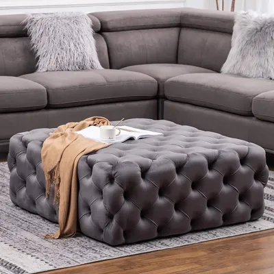 Produktbild von Grauer Wohnzimmer Samthocker Chesterfield Poslterhocker Möbel