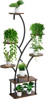 A multi-tiered plant stand with several potted plants on it, against a white background.