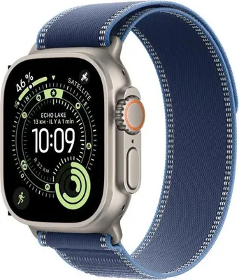 Produktbild von Apple Watch Ultra 3 GPS + Cellular, 49mm, Natural Titanium Gehäuse, Blau/Leuchtend Blau Trail Loop Armband, S/M