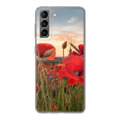 Produktbild von MuchoWow® Handyhülle Schutzhülle Hülle für Samsung Galaxy S21 Sonnenuntergang hinter den schönen Mohnblumen Silikon Softcase Handy Hülle - Softcase