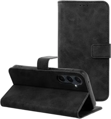 A black flip case for a smartphone is shown against a white background. The case is open, revealing the phone inside and its camera array.
