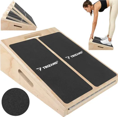 A collage showing a wooden slant board for stretching and a woman using it.