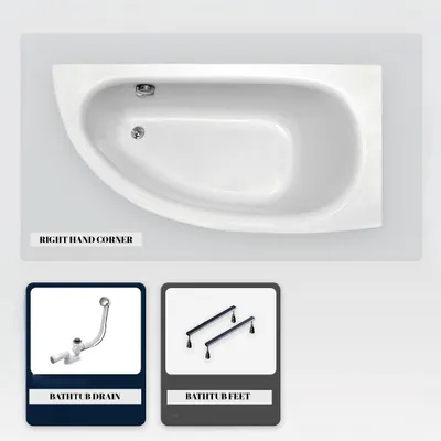 Produktbild von Asymmetrische Badewanne - 150 x 70 cm - Rechts - ohne Verkleidung - mit Füßen - Ablaufgarnitur Chrom - MILENA