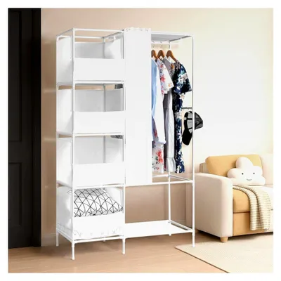 Produktbild von Offener Kleiderschrank, Stoffschrank mit Kleiderstange und Ablagen, 105 x 45 x 170 cm, Schmal (Weiß)