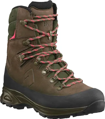A single brown and green hiking boot with pink and green laces is shown against a white background.