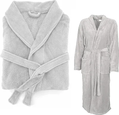 Produktbild von heimtexland ® Super Soft Bademantel Teddy Fleece Morgenmantel Uni flauschig und schnelltrocknend Typ878 hellgrau Größe L