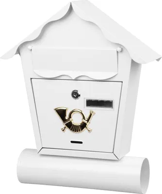 A white mailbox with a gold post horn emblem and a newspaper compartment, mounted on a white cylindrical stand.