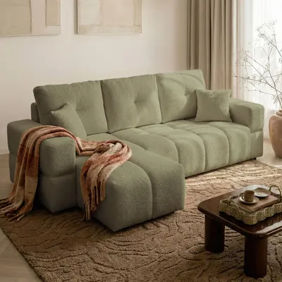 Produktbild von Idohome Polsterecksofa BUENO mit Schlaffunktion und Bettkasten – Modernes Ecksofa mit Stauraum Sofa rechts/links montierbar Olivgrün Bouclé Centaur 13