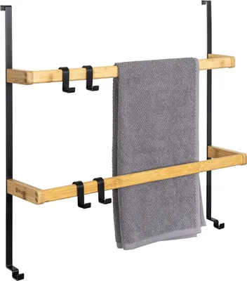 Produktbild von eluno Tür-Hängeregal aus Metall und Bambus, Tür-Handtuchhalter mit 2 Handtuchstangen, 4 praktischen Haken, zum Einhängen ohne Bohren, schwarz