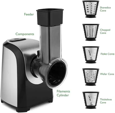 Produktbild von Gemüseschneider Elektrisch 150W - Profi 5-in-1 Gemüsehobel Multireibe mit 5 Schneidetrommeln für Küche, Obst, Gemüse, Käse